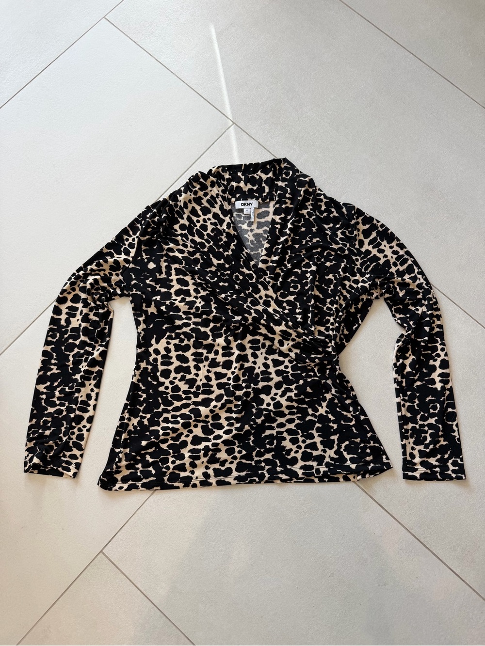 DKNY Black and Beige Leopard Print V-Neck Sweater